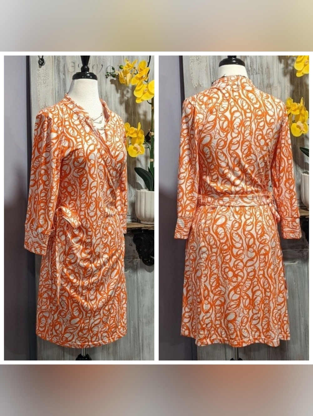 Newport News Orange/White Swirl Print Wrap Dress With Travel Bag